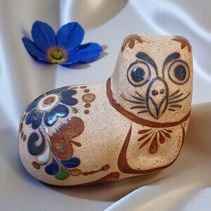 Boho Vintage Handpainted Mexican Tonalá Pottery Owl Figurine Art